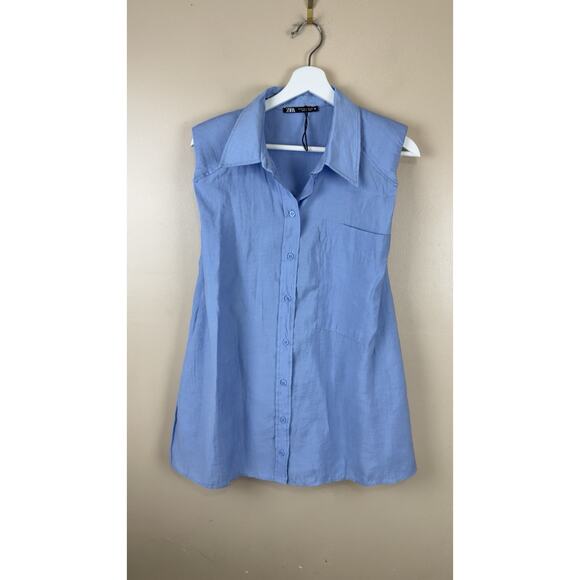 Zara Tops - Zara Sleeveless Shirt with Shoulder Pads & Buttons Women’s Blue Size M NWOT